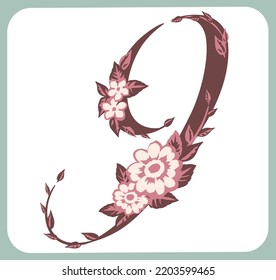 Number 9. Flolal font. Vector illustration.
