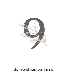 Number 9 Floral and Botanical Logo. Nature Leaf Feminine for Beauty Salon, Massage, Cosmetics or Spa Icon Symbol