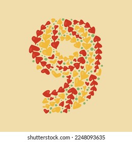 Number 9, folk floral number with leaves, hand drawn illustration