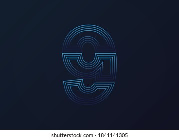 Number 9 font, digital technology design, network concept.  Vector illustration

