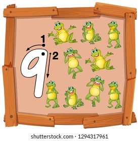 Number 9 with frogs and outline