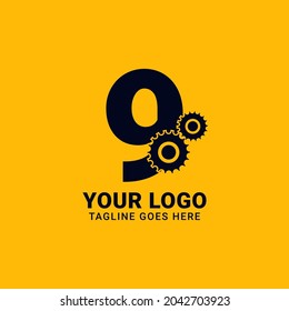 número 9 con equipo para diseño de tecnología y logotipo de vector mecánico
