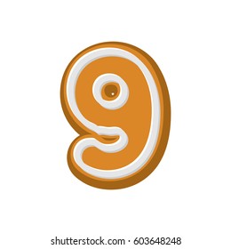 Number 9 Gingerbread font. Peppermint honey cake nine. Cookies alphabet. lettering biscuit
