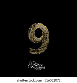 Number 9 of golden and silver glitters. Typographic vector element for design. Part of marble texture imitation alphabet. Digit nine with diffusion glitter lines swirly pattern. Vector illustration