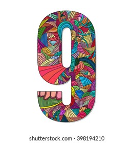 Number 9 with hand drawn abstract doodle pattern. Vector illustration.