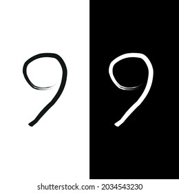 Number 9 Hand drawn brush stroke numbers