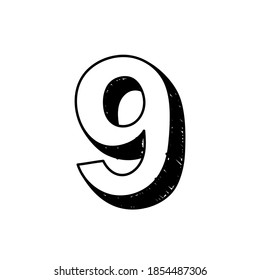 Number 9 hand-drawn font alphabet. Vector illustration of Arabic numerals number 9. Hand-drawn black and white number 9 typographic symbol. Can be used as a logo, icon