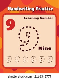 Number 9 handwriting trace practice worksheet for preschool kids learning how to write layout in colorful printable version. Vector Illustration.