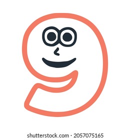 Número 9 personaje de sonrisa excéntrica feliz, imagen de clip vectorial de cara sonriente