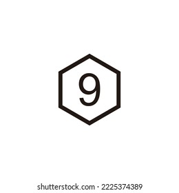 Number 9 hexagon, line geometric symbol simple logo vector