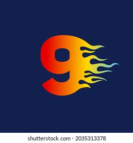 Number 9 icon with fire flames in a vibrant gradient color. Numeric logo burning with fast flame effect.