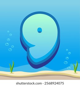 Number 9 Illustration with Gradient Blue Background, Bubbles, and Ocean Floor Details Featuring Sand and Seaweed