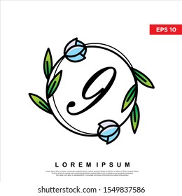 number 9 inside floral frame logo. modern icon, template design