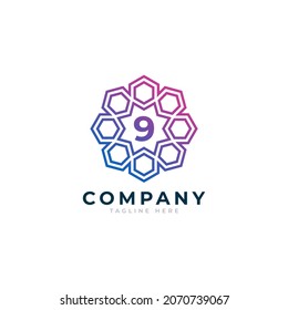 Number 9 Inside Hexagon Shape Logo Design Template Element