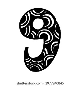 The number 9, isolated on white background. Hand drawn with ink. Vector illustration.