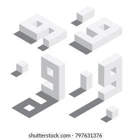 Number 9 in isometric style. White on white digits with shadows. Educational set