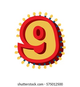 Number 9 lamp glowing font. Vintage light bulb alphabet sign nine. Retro ABC sparkling lights
