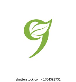 número 9 vector de logotipo verde hoja