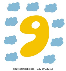 Number 9. Learning to count for children. Hand drawn vector illustration on white background.