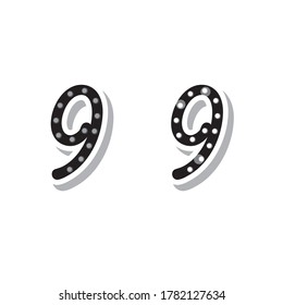 Number 9 with light bulbs, on and off neon font