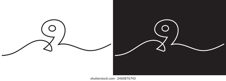 Number 9 line art silhouette. One line continuous outline vector illustration. isolated on white and black background. EPS 10