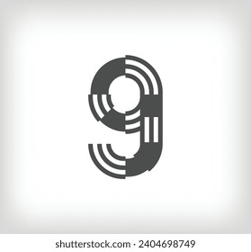 Number 9 linear modern logo. The letter is in the form of stripes. Alphabet number character and linear abstract design. logo, corporate identity, application, creative poster and more.