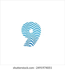 The number 9 logo with a blue water pattern and a white background