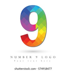 Number 9 Logo Design Concept in Rainbow Mosaic Pattern Fill and White Background
