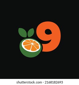 Number 9 logo and fresh citrus fruit in modern style. With dark background