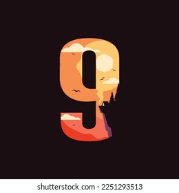 Icono del logotipo número 9 con acantilado y puesta de sol. Ilustración vectorial, eps 10.
