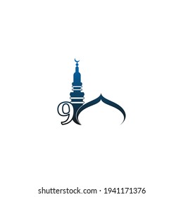 Number 9 logo icon with mosque design illustration vector