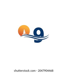 Nummer 9 Logo mit Vorlage für das Meereslandschaftssymbol