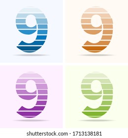 Number 9 logo set, modern emblem, desing element template. Number design in orange, blue, purple, green colors. Isolated Vector

