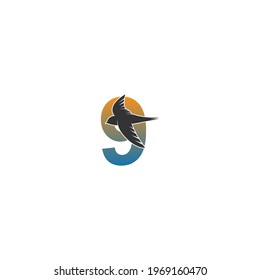 Number 9 logo with swift bird icon design vector template