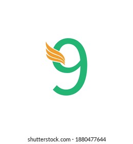 Number 9 logo with wing icon design concept illustration