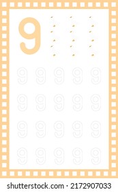 Number 9 lowercase. Worksheet. Children's education. Duck illustration. Vector typeset. Preschool training.