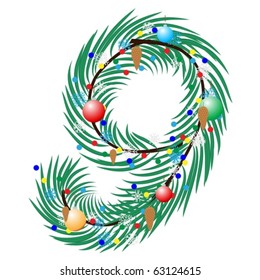 Number - 9. Made of a Christmas tree with festive decorations. Isolated on white