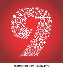 Number 9 made from frosty snowflakes with red background, vector font