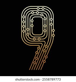 Number 9 Made of Gold Circuit Board Representing Electronic and Digital Data