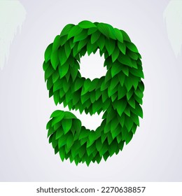 Nummer 9 aus grünen Blättern. Vektorgrafik