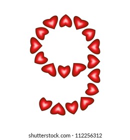 Number 9 made of hearts on white background