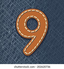 Number 9 made from leather on jeans background - vector illustration
