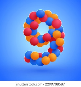Number 9 made from multicolored festive balloons. Vector illustration