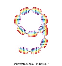 Number 9 made in rainbow colors on white background