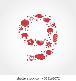 Number 9 made from red chinese ornaments. Vector illustration layered for easy manipulation and custom coloring.