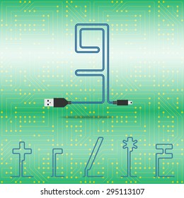 Number 9 and mathematical symbols laid cable. USB blue cable, vector illustration. Background microchip