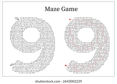 Number 9 maze game pattern decorative design template