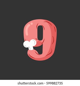 Number 9 meat. Pork and bone font nine . Ham alphabet sign. Beef ABC symbol
