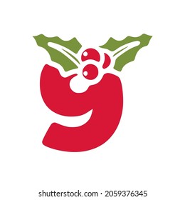 Number 9 with mistletoe, Christmas lettering vector clip art isolated on white background