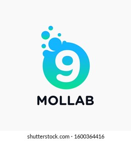 number 9 with molecule element. Lab, liquid, atom Design concept. Design Vector with Dots and Bubbles. perfect for technology, digital, software, network and science brand. - vector